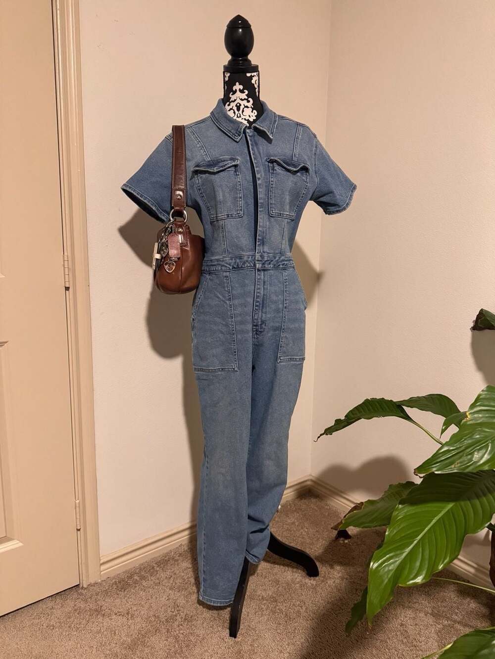 Good American Fit for Success Short Sleeve Denim Jumpsuit Blue274 Size 4